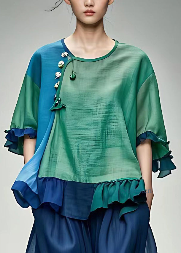 Green O-neck Ruffled Top Half Sleeve