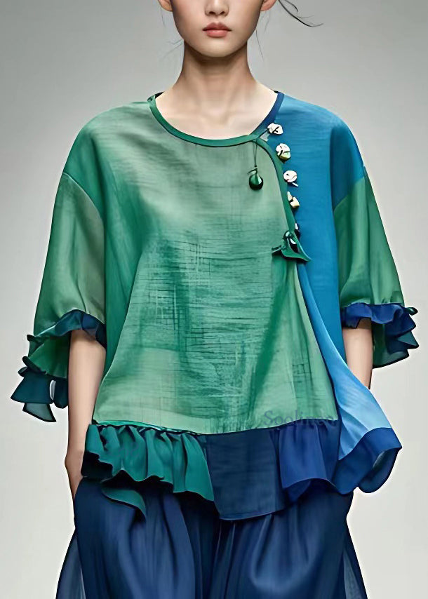 Green O-neck Ruffled Top Half Sleeve