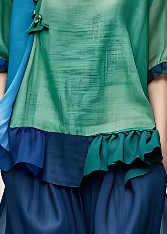 Green O-neck Ruffled Top Half Sleeve