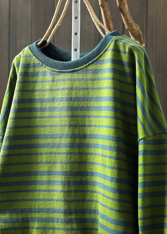 Green O Neck Striped Patchwork Cotton T Shirt Top Fall