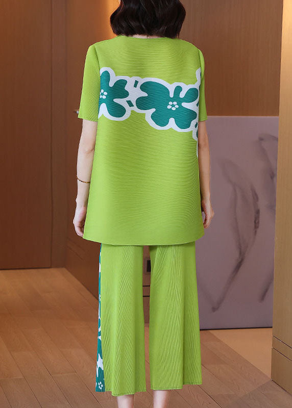 Green O-neck Wrinkled Print Tops and Crop Pants Two Pieces Set Short Sleeve