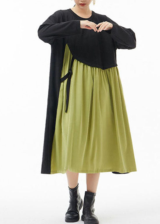Green O-neck Wrinkled Patchwork Dresses Spring