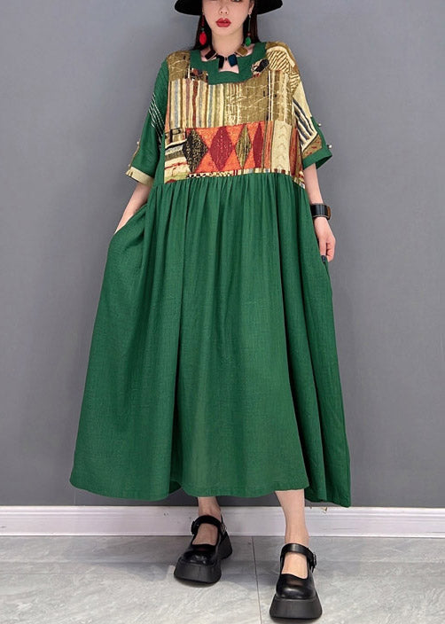 Green O-neck Wrinkled Patchwork Long Dress Half Sleeve