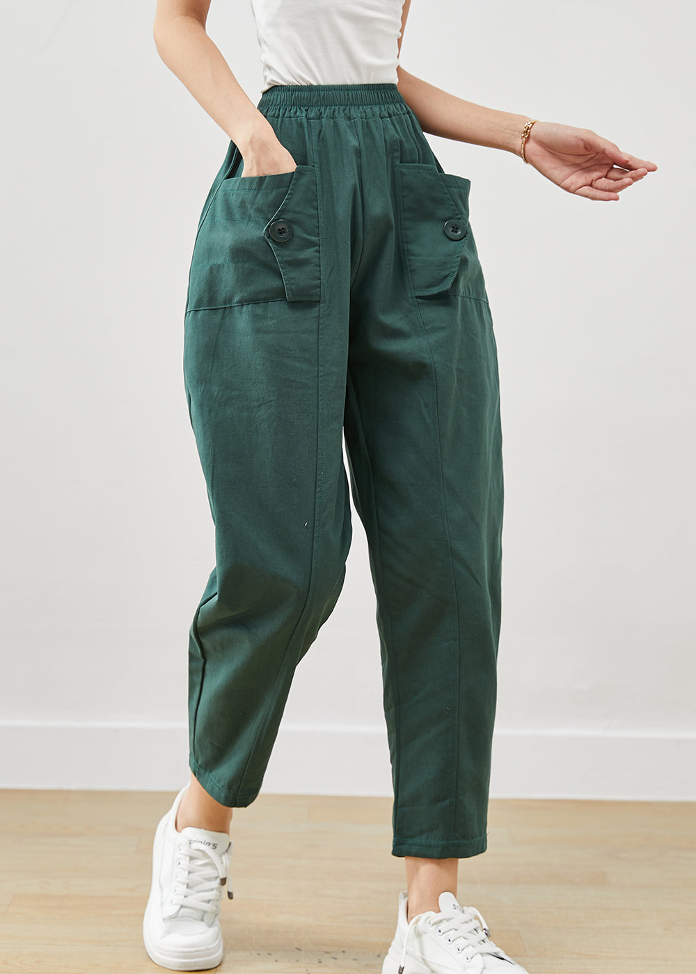 Green Oversized Pockets Cotton Harem Pants Fall