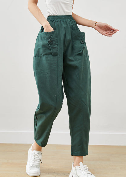 Green Oversized Pockets Cotton Harem Pants Fall
