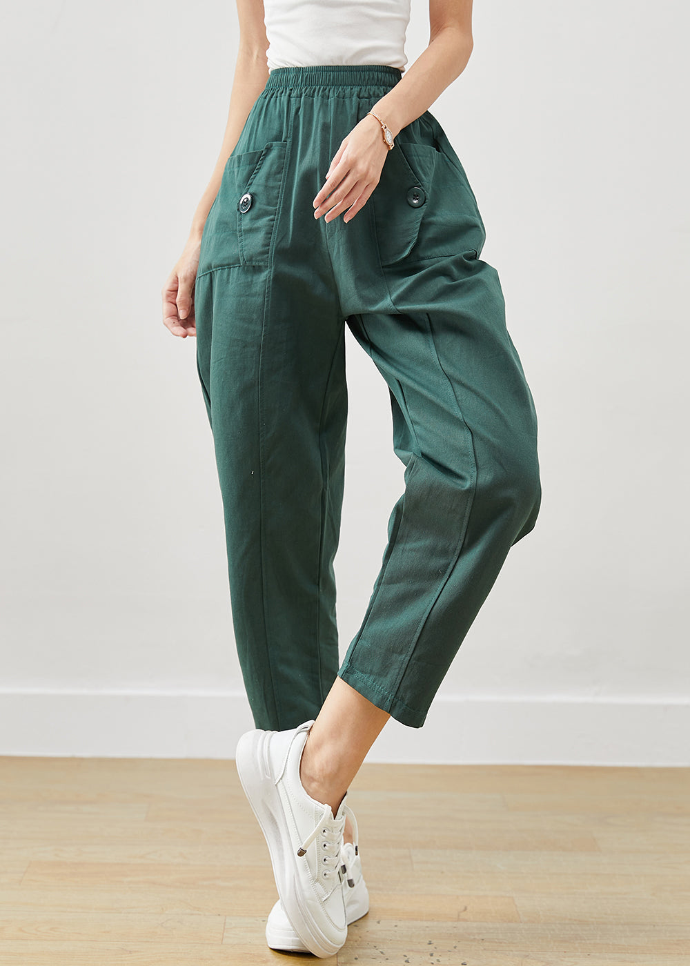 Green Oversized Pockets Cotton Harem Pants Fall