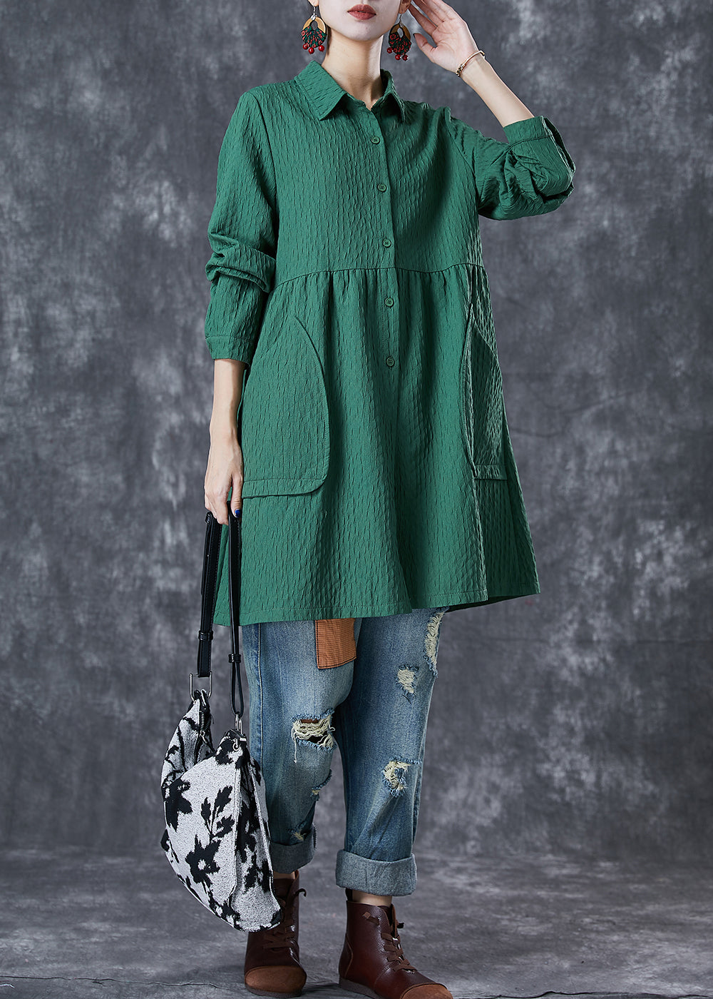 Green Oversized Pockets Cotton Trench Fall