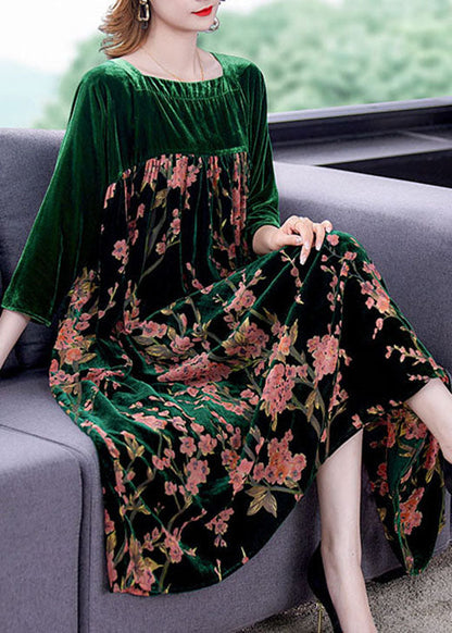 Green Patchwork Print Velour Dresses Winter