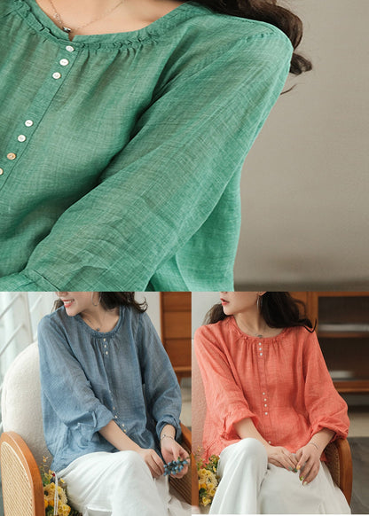 Plus Size Green Patchwork Ruffles Linen Blouses Long Sleeve