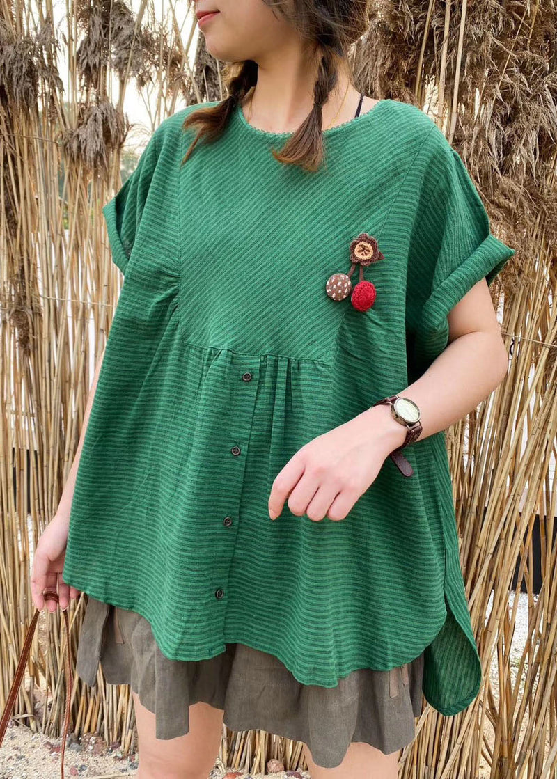 Green Patchwork Striped Linen Top Short Sleeve