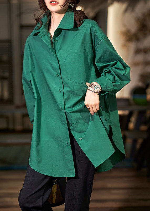 Green Peter Pan Collar Button Patchwork Cotton Shirts Long Sleeve