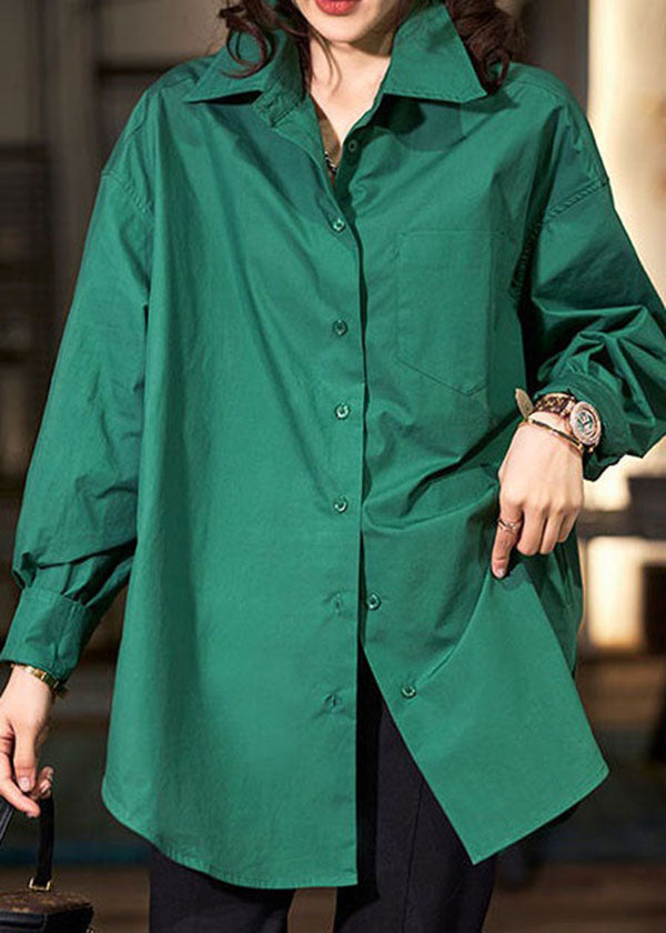 Green Peter Pan Collar Button Patchwork Cotton Shirts Long Sleeve