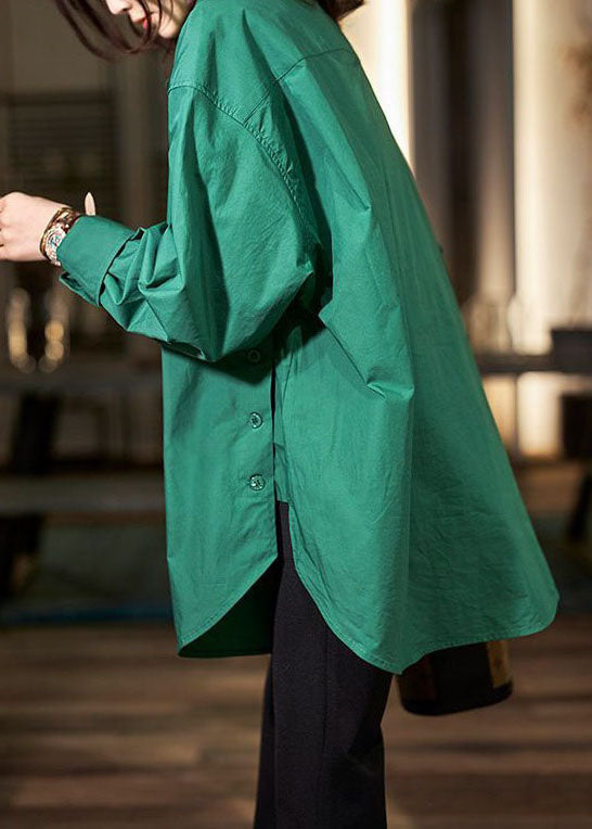 Green Peter Pan Collar Button Patchwork Cotton Shirts Long Sleeve