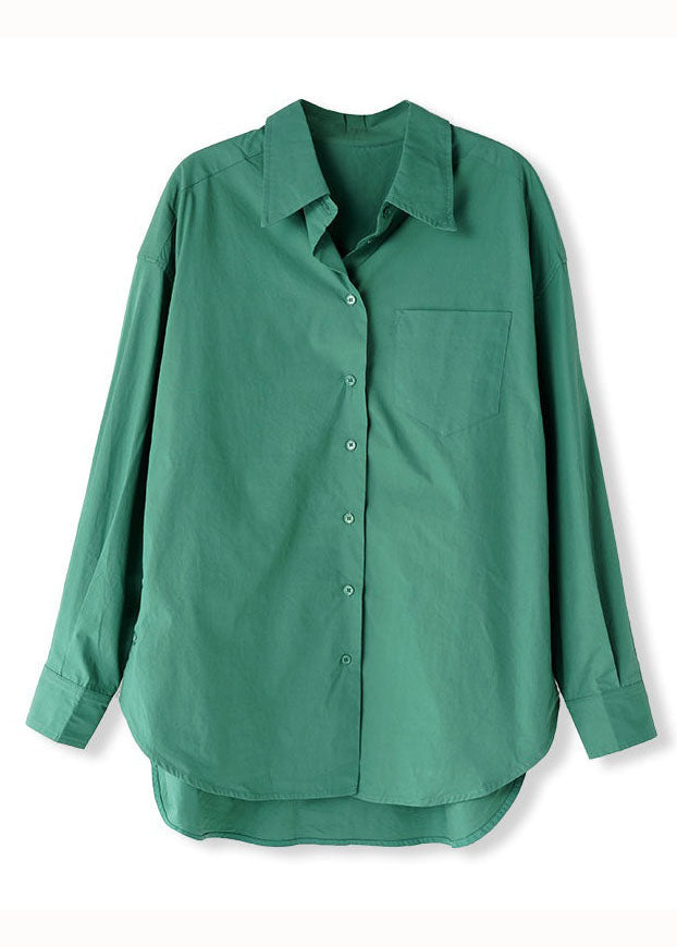 Green Peter Pan Collar Button Patchwork Cotton Shirts Long Sleeve