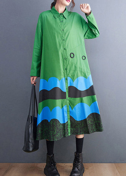 Green Peter Pan Collar Button Print Shirt Dress Spring