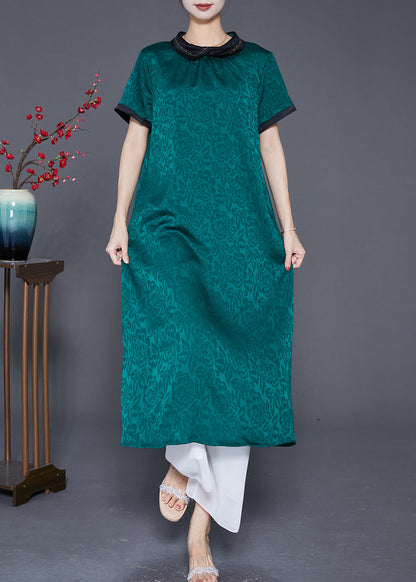 Green Peter Pan Collar Patchwork Jacquard Silk Dress Summer