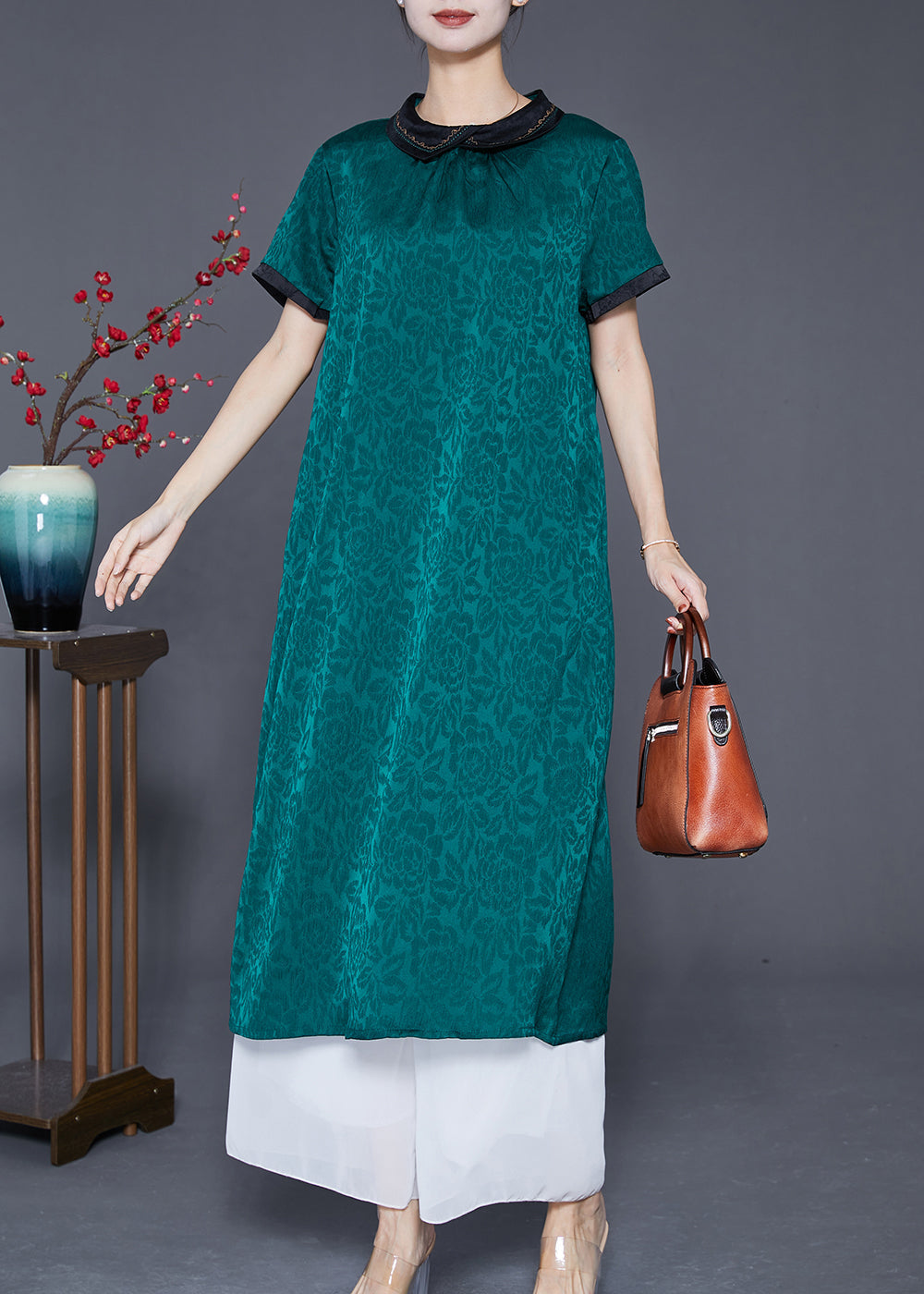 Green Peter Pan Collar Patchwork Jacquard Silk Dress Summer