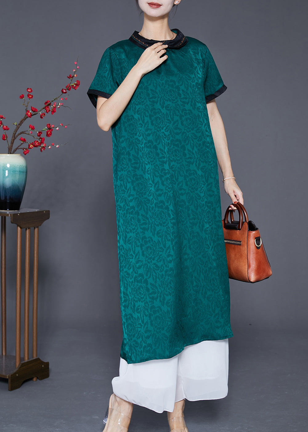 Green Peter Pan Collar Patchwork Jacquard Silk Dress Summer