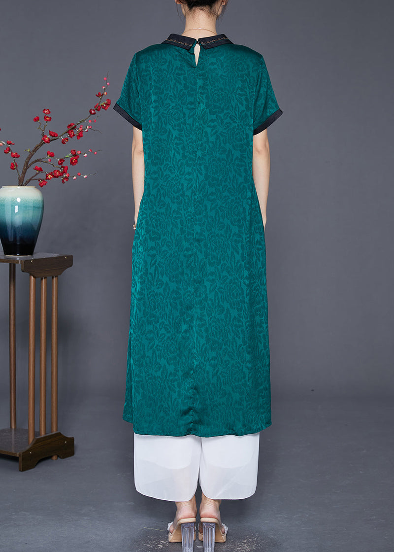 Green Peter Pan Collar Patchwork Jacquard Silk Dress Summer