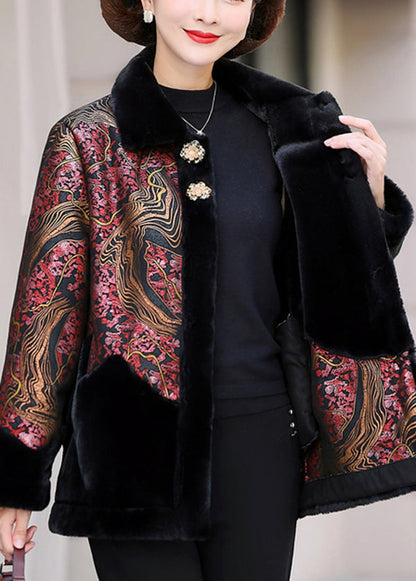 Green Peter Pan Collar Print Patchwork Faux Fur Coats Winter
