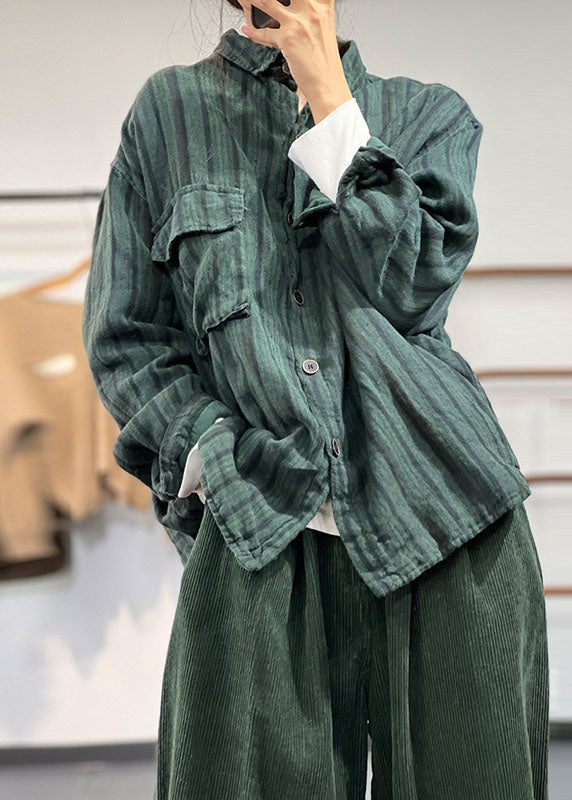 Green Peter Pan Collar Striped Thick Linen Coats Winter