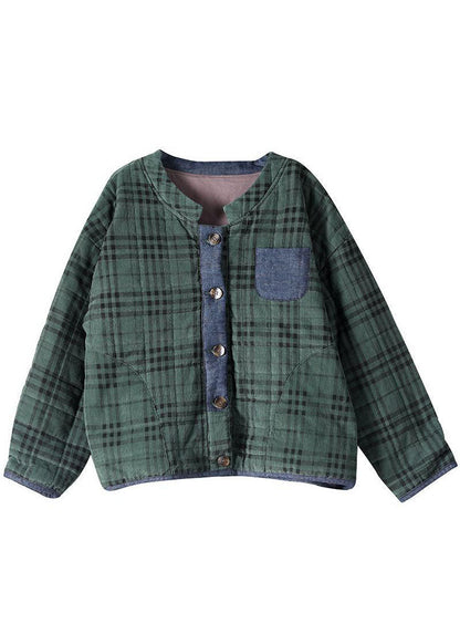 Green Plaid Button Patchwork Winter Jackets Long Sleeve