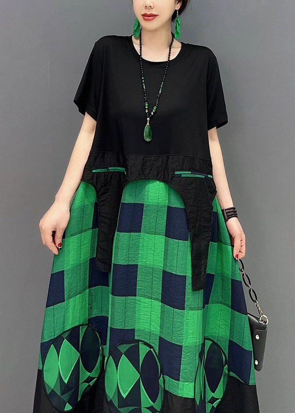Green Plaid Patchwork Exra Large Hem a Line Dresses Summer