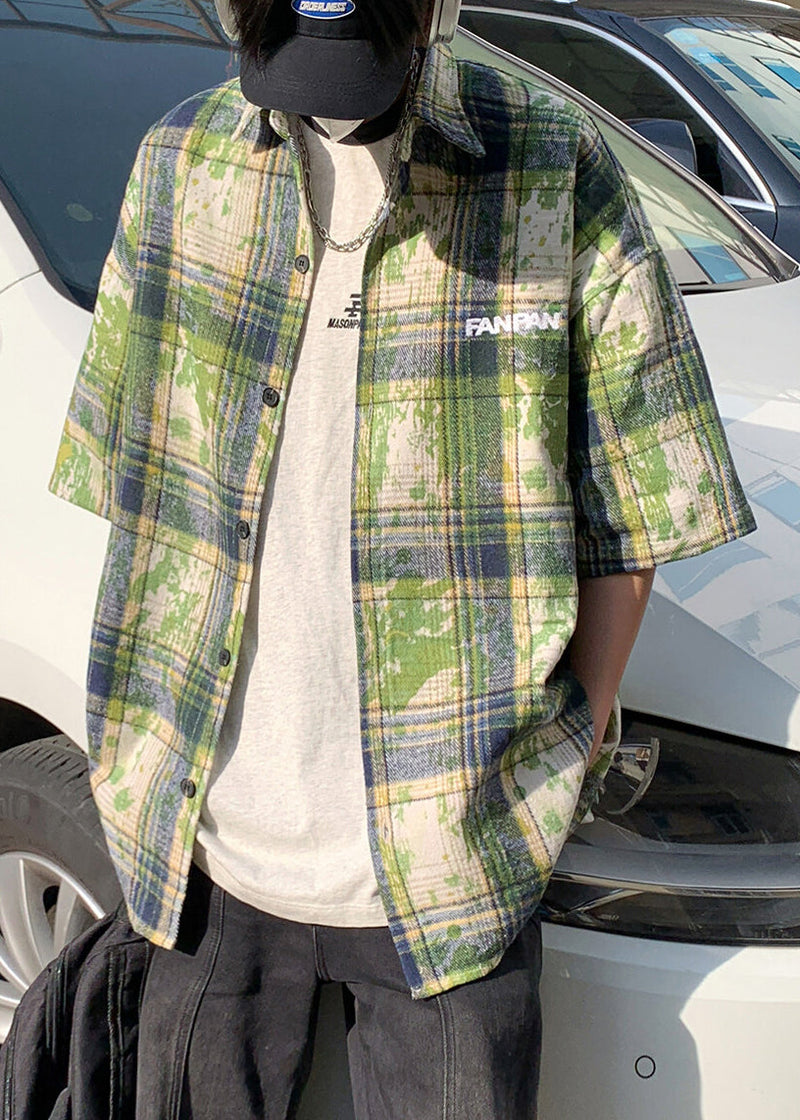 Green Plaid Tie Dye Cotton Shirts Summer