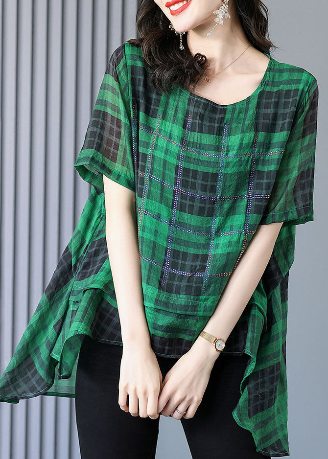 Green Plaid Zircon Patchwork Linen T Shirts Summer
