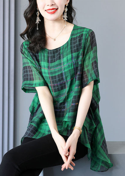Green Plaid Zircon Patchwork Linen T Shirts Summer