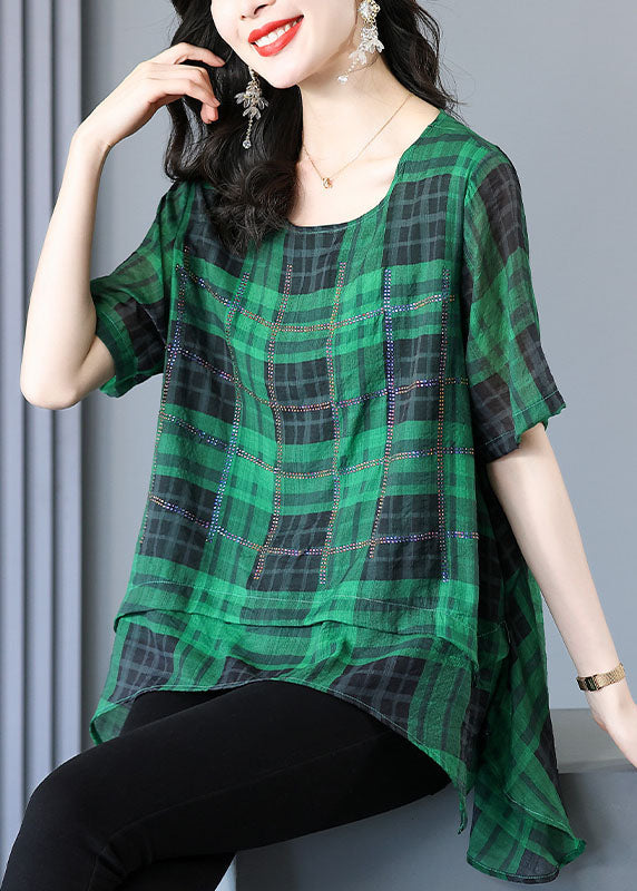 Green Plaid Zircon Patchwork Linen T Shirts Summer