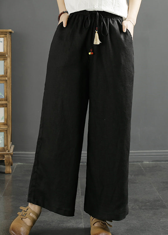 Green Pockets Cinched Linen Wide Leg Crop Pants Fall