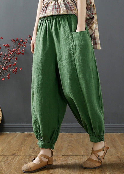 Green Pockets Elastic Waist Cotton Harem Pants