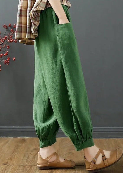 Green Pockets Elastic Waist Cotton Harem Pants