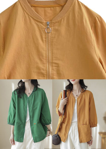 Green Pockets Patchwork Linen Thin Coats Bracelet Sleeve