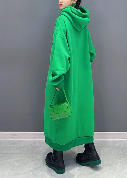 Green Print Cotton Hooded Maxi Dress Fall
