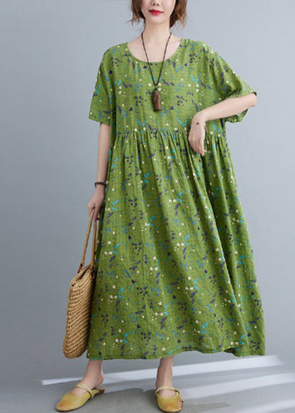 Green Print Patchwork Long Dress Short Sleeve