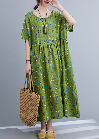 Green Print Patchwork Long Dress Short Sleeve
