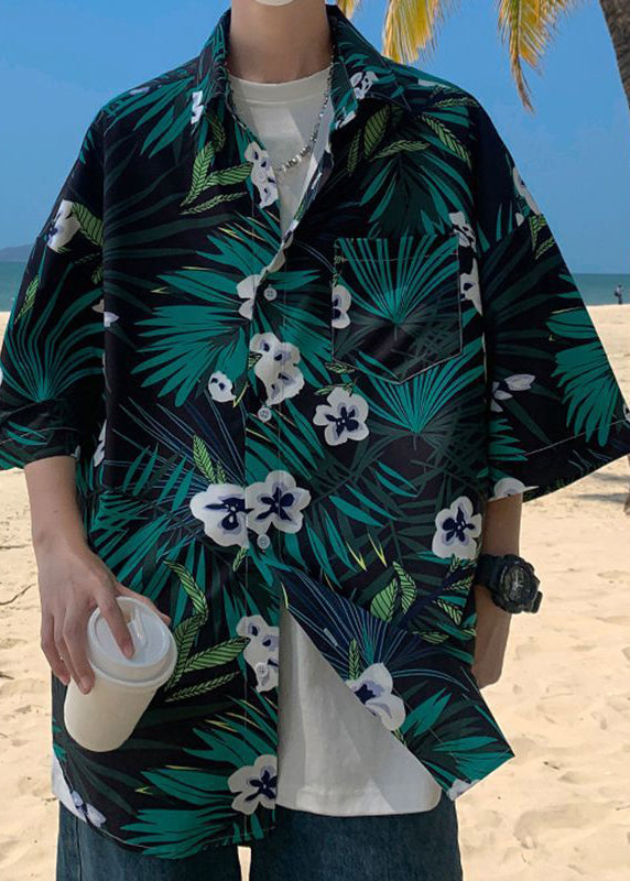 Green Print Pockets Cotton Shirts Half Sleeve