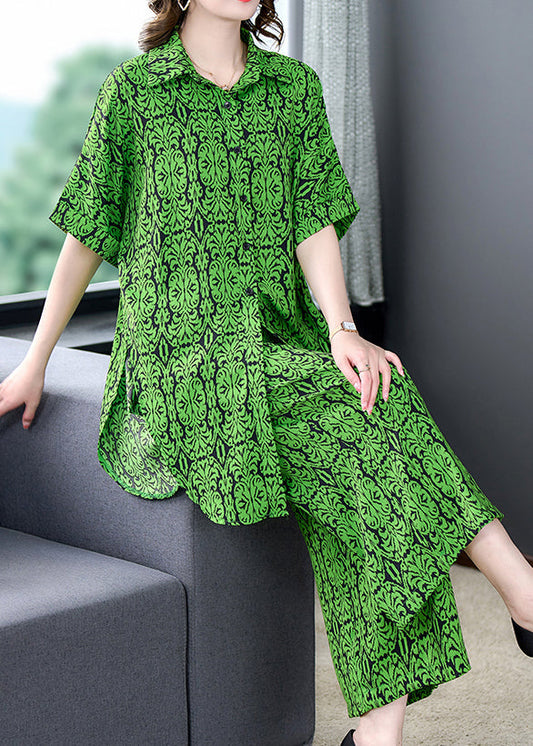 Green Print Tops and Pants Chiffon Two Pieces Set Summer