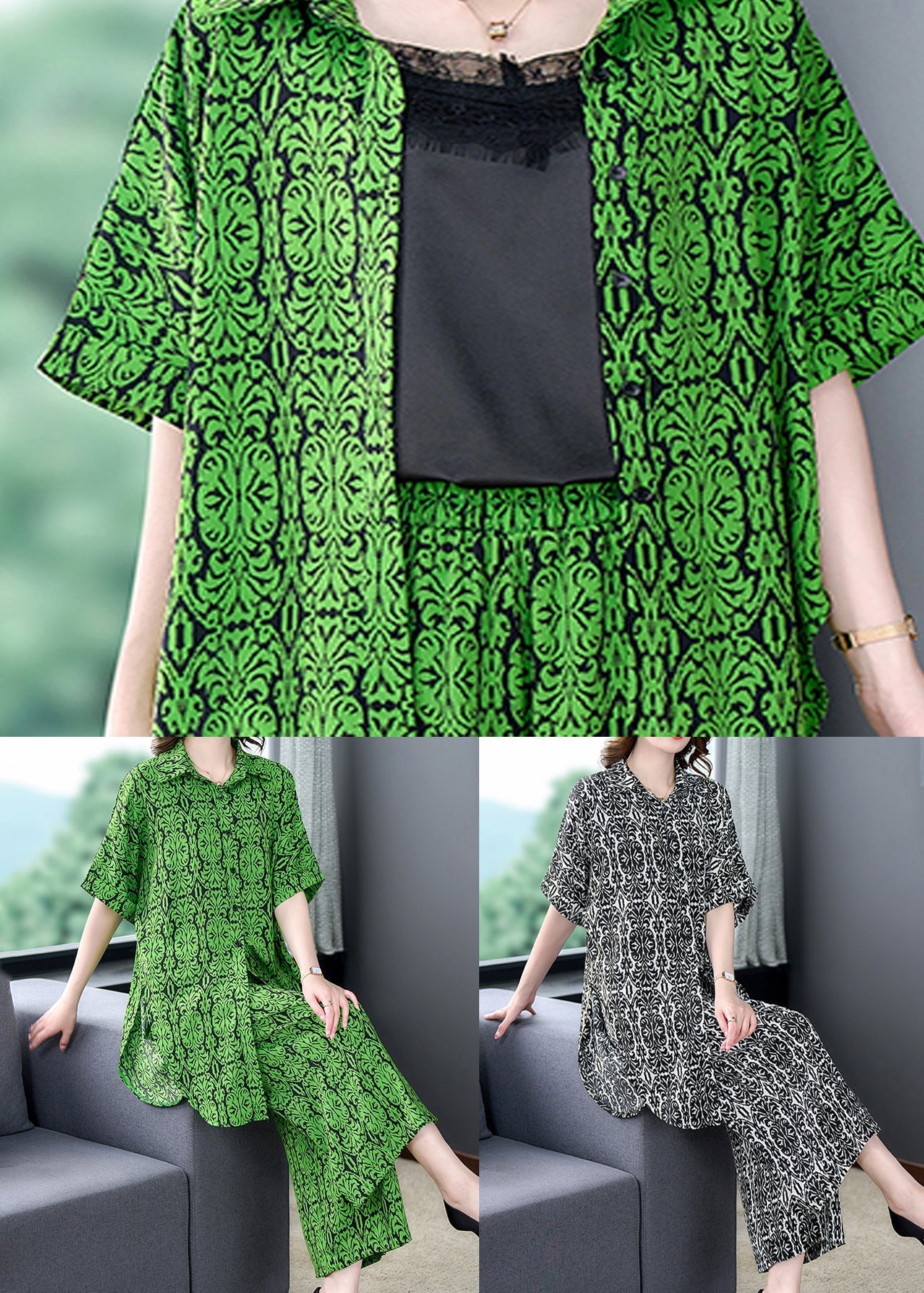 Green Print Tops and Pants Chiffon Two Pieces Set Summer