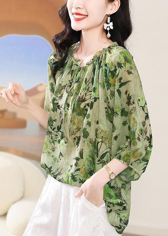 Green Ruffled Lace Up Print T Shirt Bracelet Sleeve