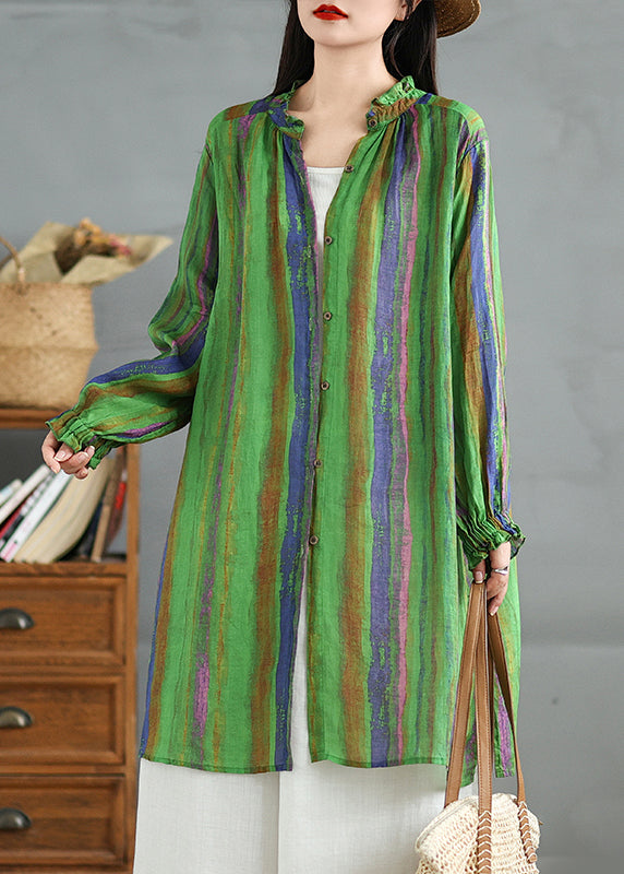 Green Ruffled Stand Collar Striped Cotton Shirt Top Fall