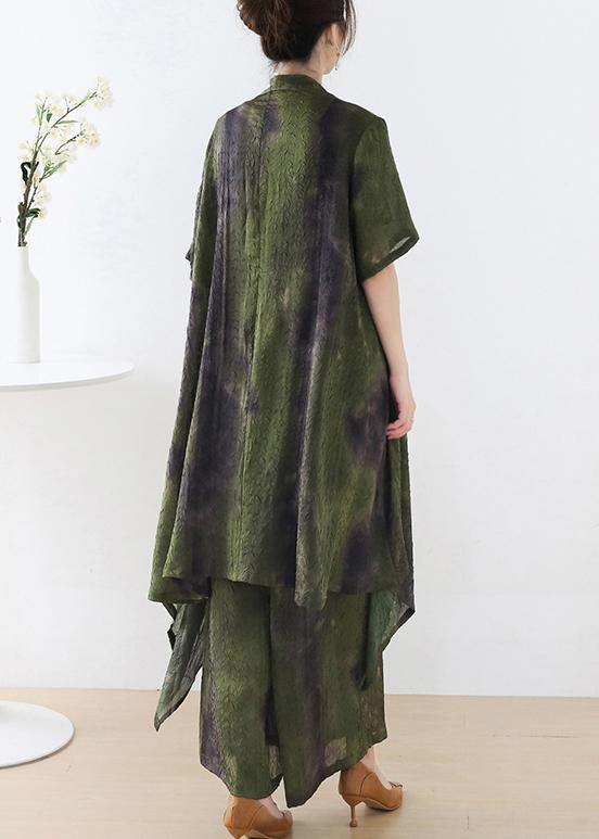 Green Silk Blended Tie Dye Asymmetrical Wide Leg Design Two Piece Set
