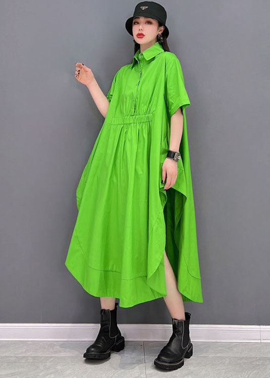 Green Asymmetrical Design Cotton Long Blouse Tops Short Sleeve