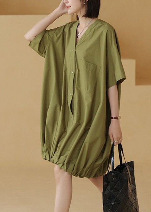 Green Button Cotton Shirts Mid Dress Short Sleeve