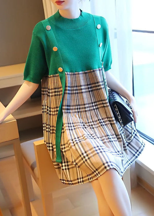 Green Stand Collar Patchwork Plaid Knit Mid Dresses Summer