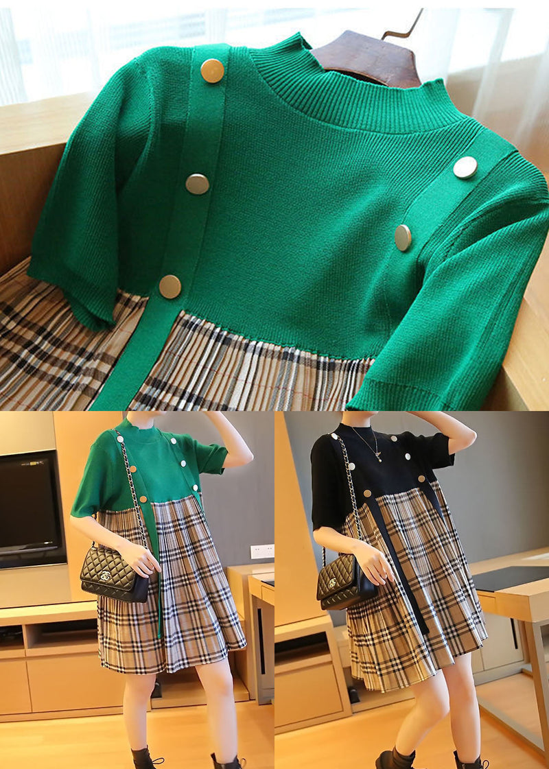 Green Stand Collar Patchwork Plaid Knit Mid Dresses Summer