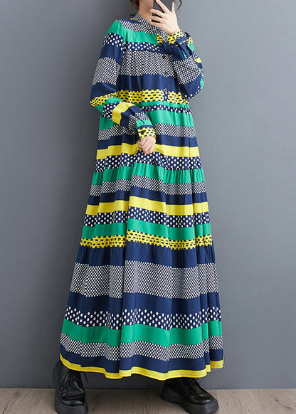 Green Stand Collar Print Patchwork Chiffon Dress Long Sleeve