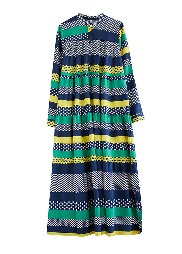 Green Stand Collar Print Patchwork Chiffon Dress Long Sleeve